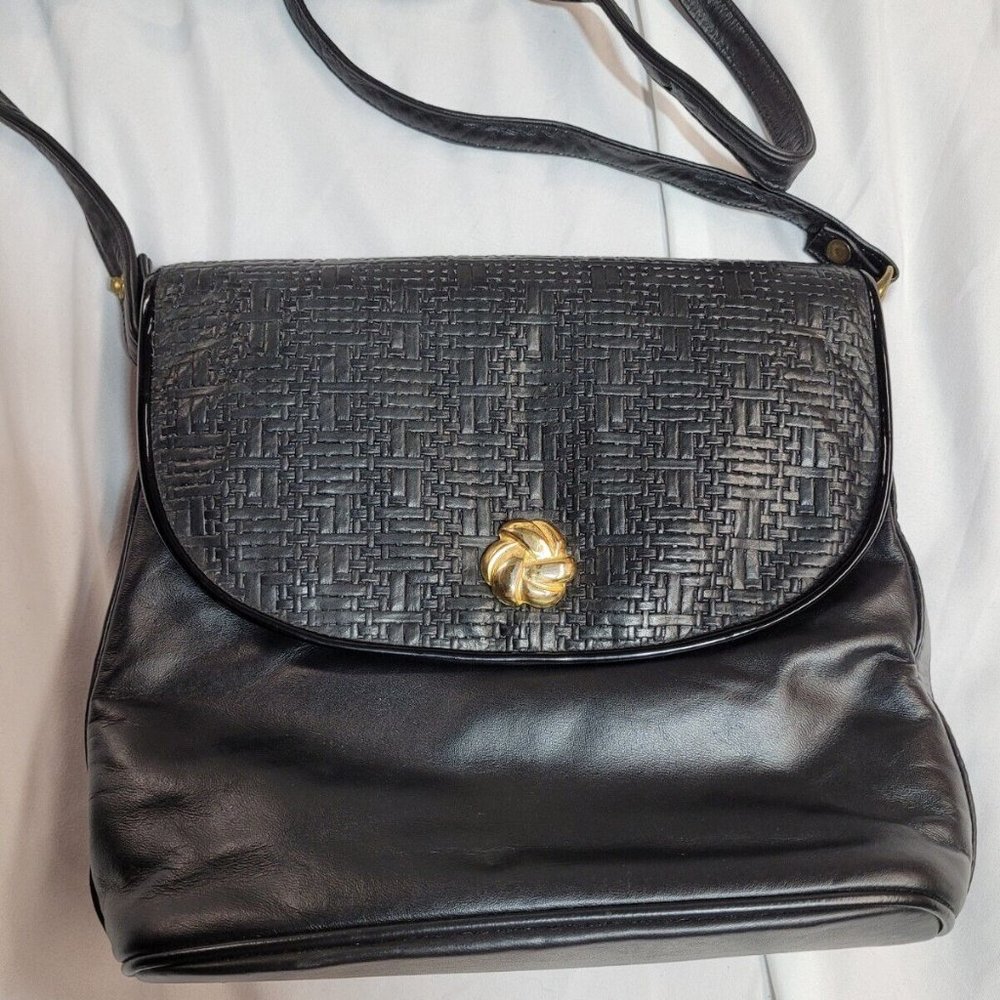 Vintage Genuine Leather By Reem Handbag Purse Crossbody Black USA Gold Beautiful